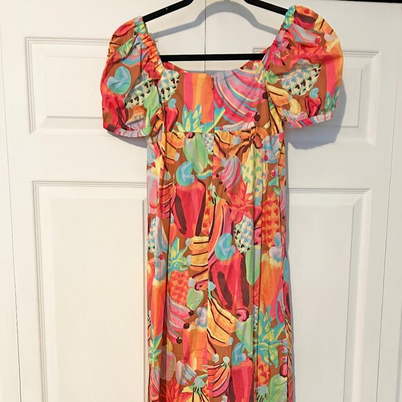 Farm Rio Fruit Salad Puff Sleeve Midi Dress Size Small - Picture 3 of 7